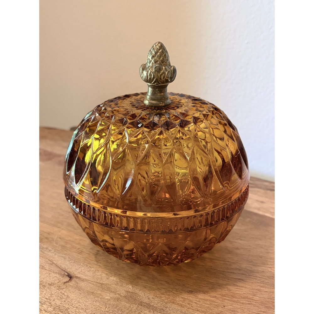 Vintage Indiana Glass Amber Diamond Point Candy Dish Brass Acorn Finial